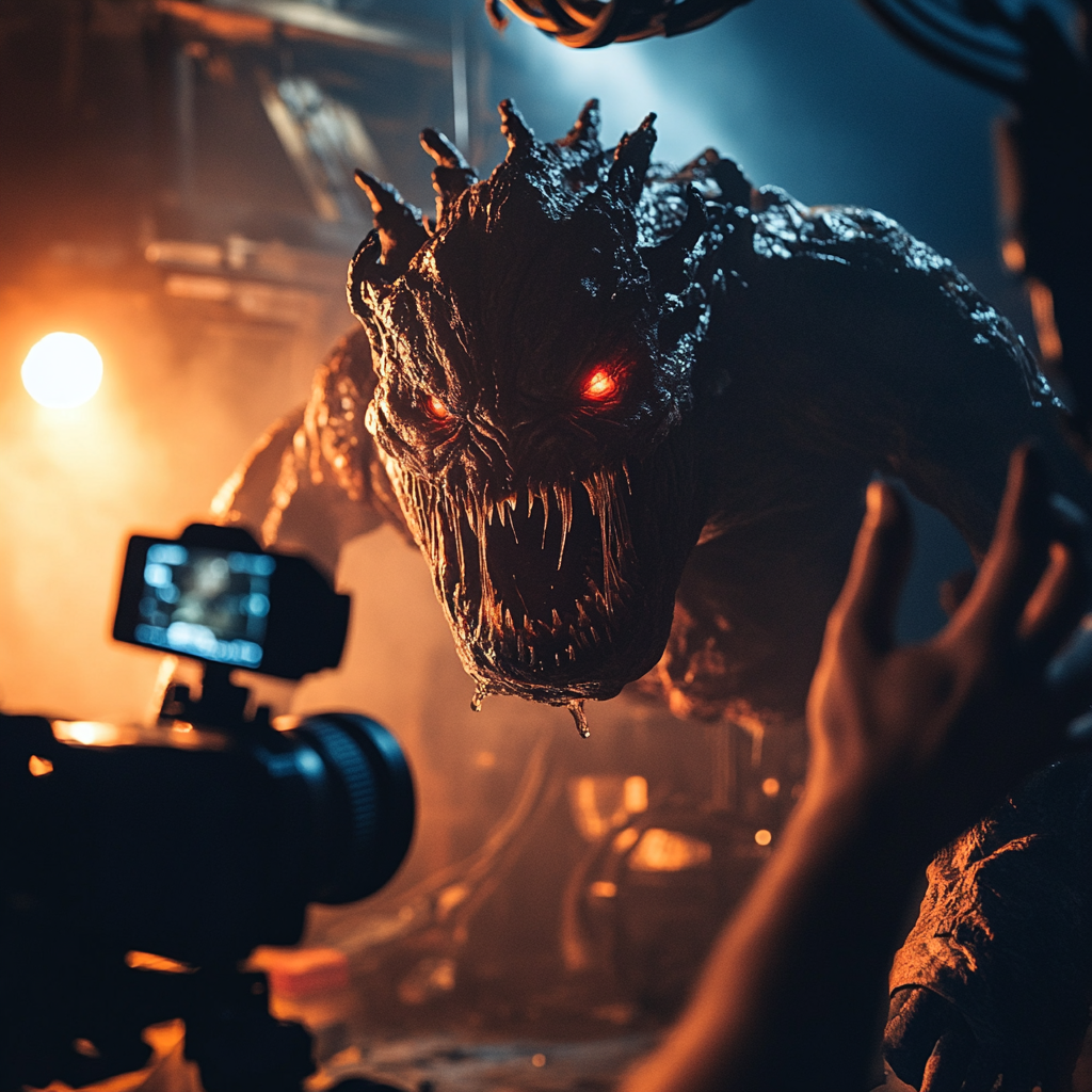 Person films monster while crew sets up cameras