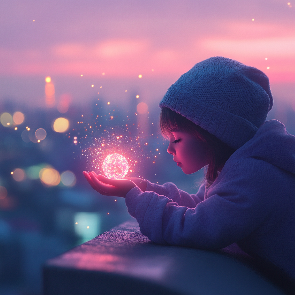 Person holding glowing orb at dusk over rooftop