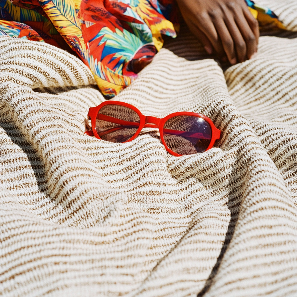 Person in Hawaiian shirt on beach blanket with sunglasses