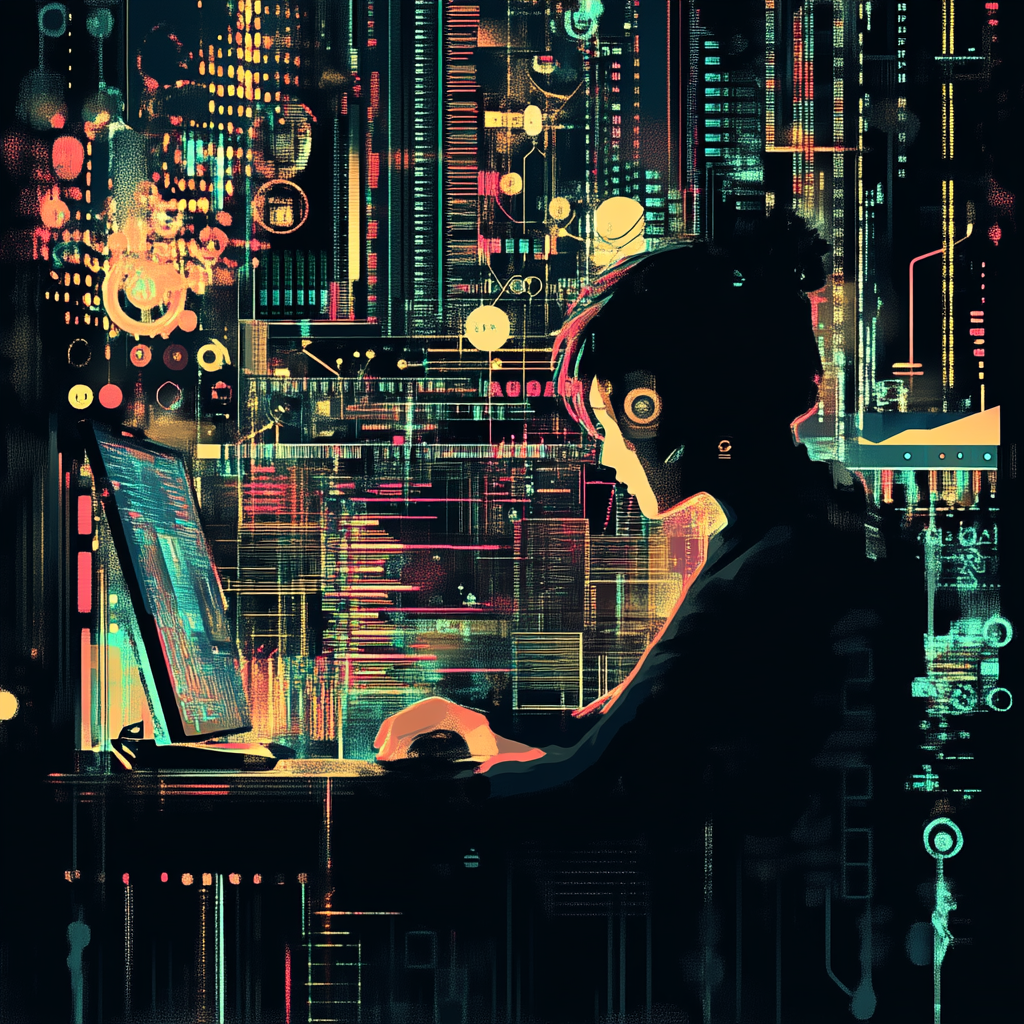 Person intently coding in futuristic tech environment