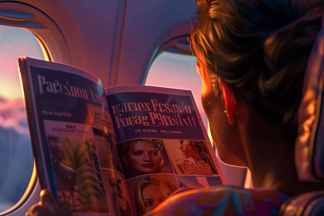 Person looks at perfume ads on magazine on plane