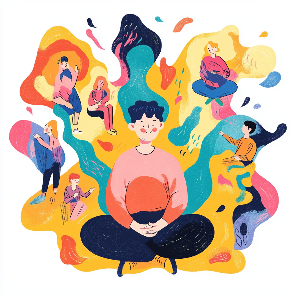 Person practicing mindfulness with colorful waves and supportive figures.