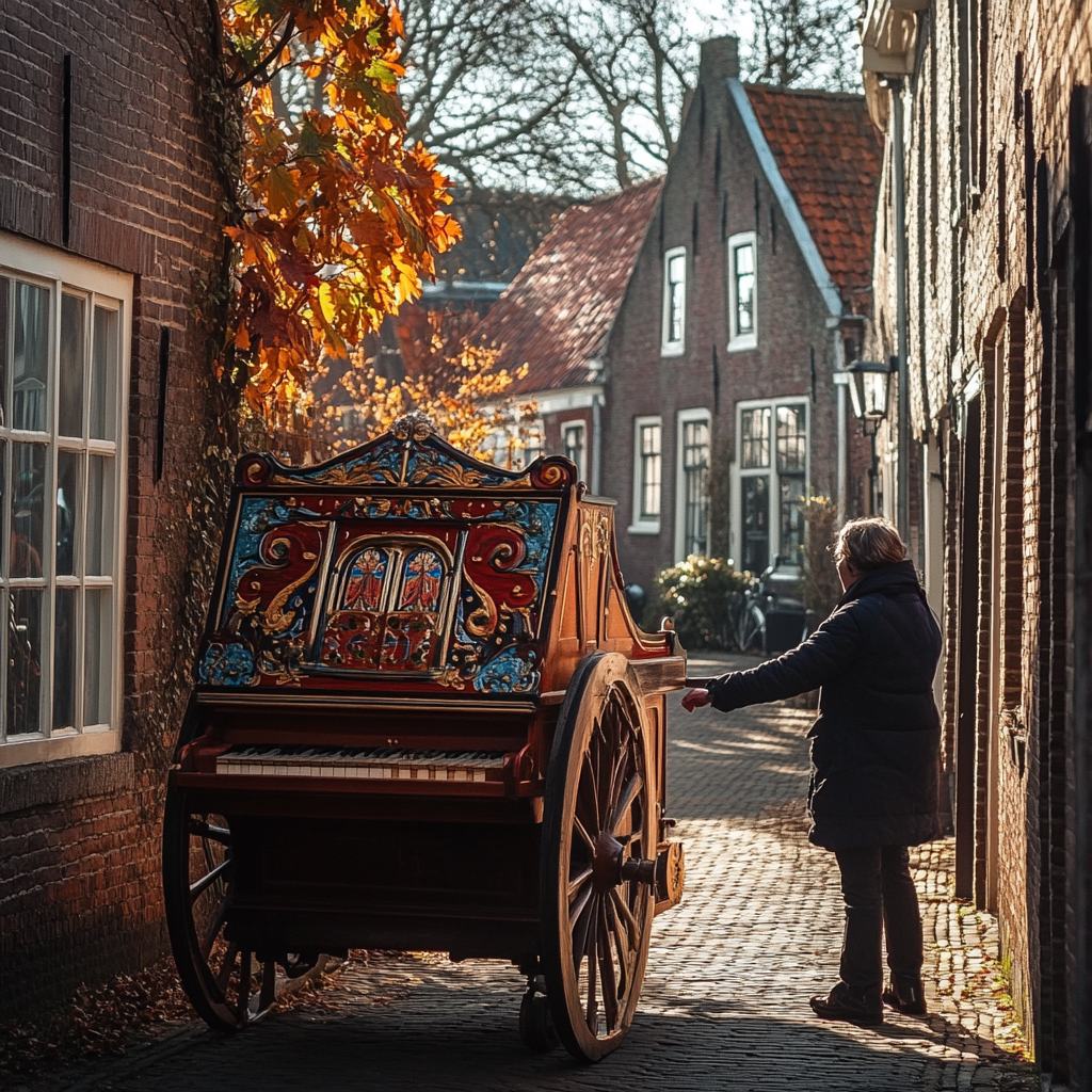 Person pulls colorful organ onto sunny Dutch street.