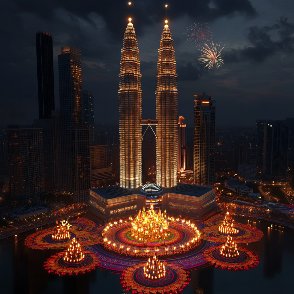 Petronas Twin Towers in Kuala Lumpur lit up for deepavali