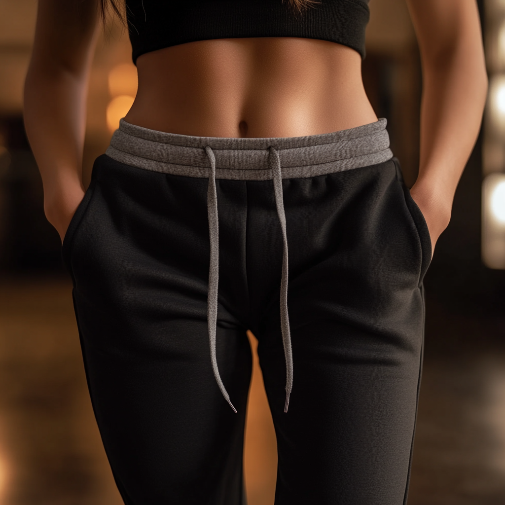 Photo of women in black sweatpants with mockup.