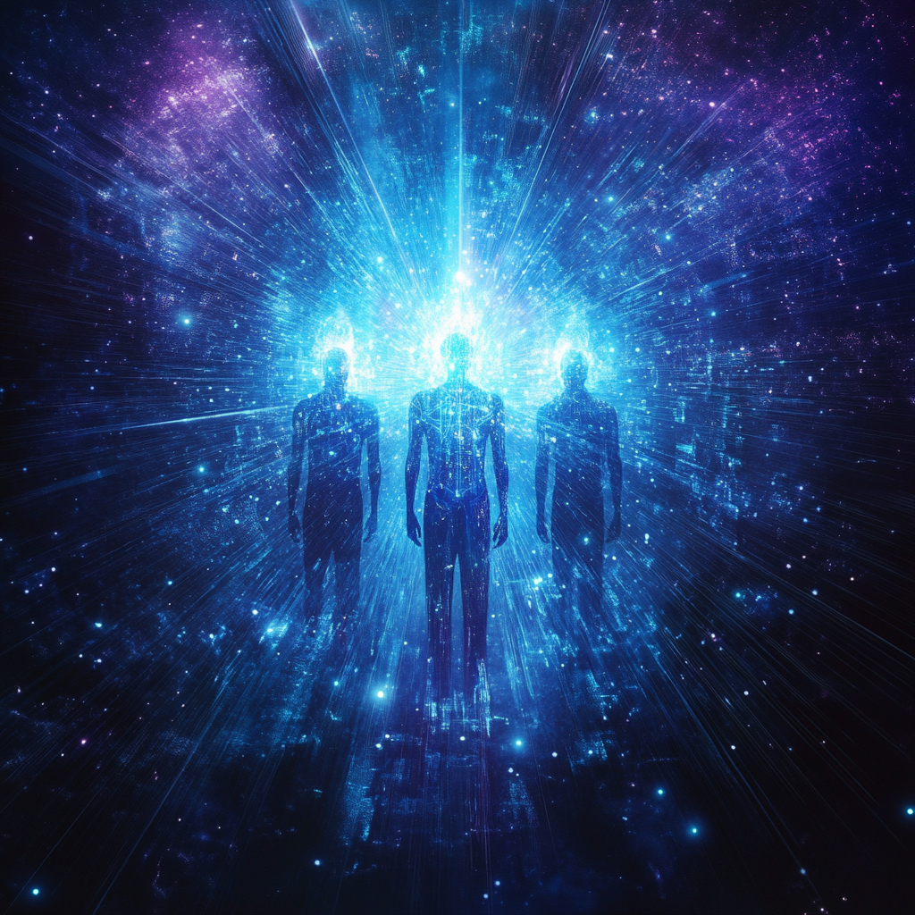 Photograph of three beings of light with blue and purple colors and glow.