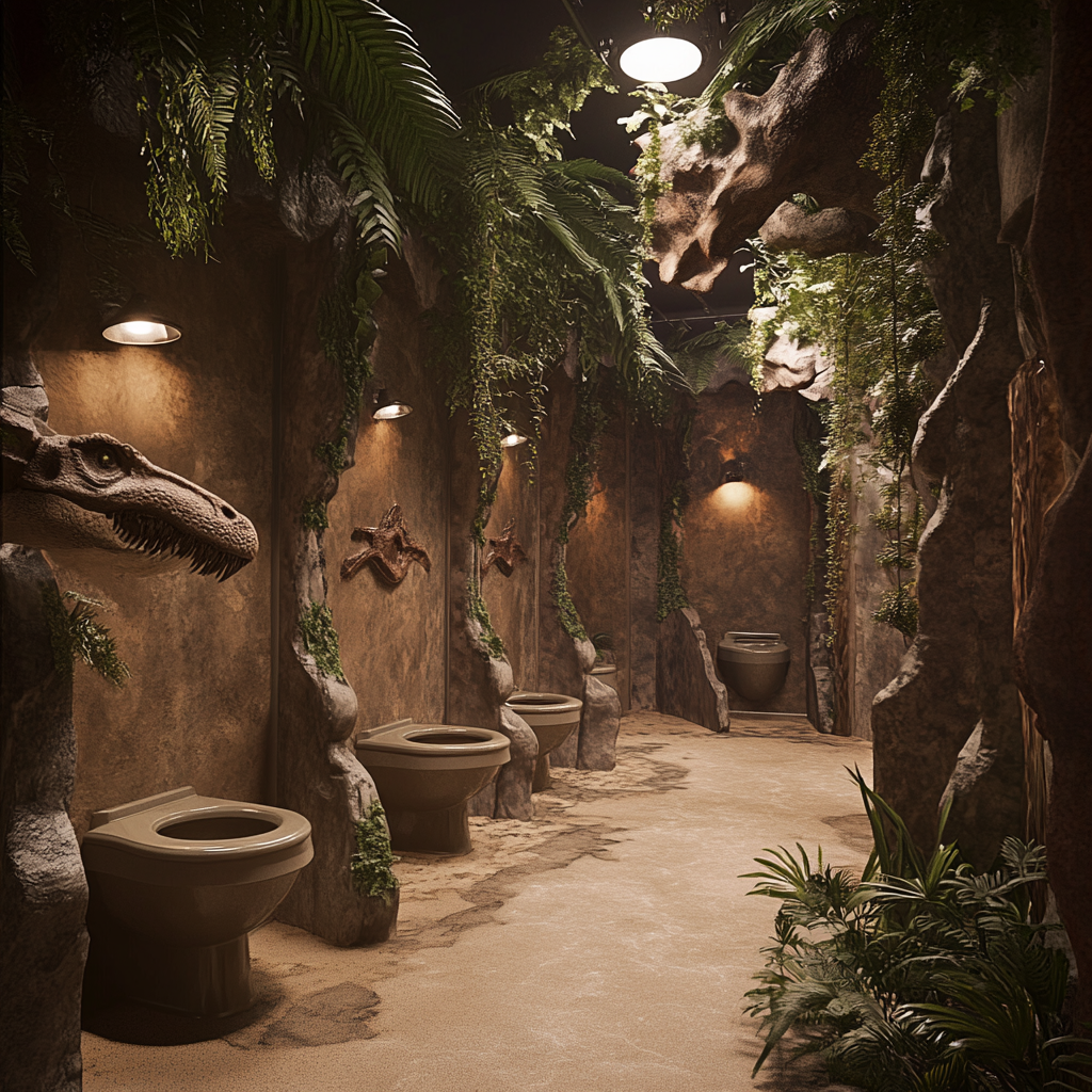 Photorealistic image of themed public toilets in waterpark.