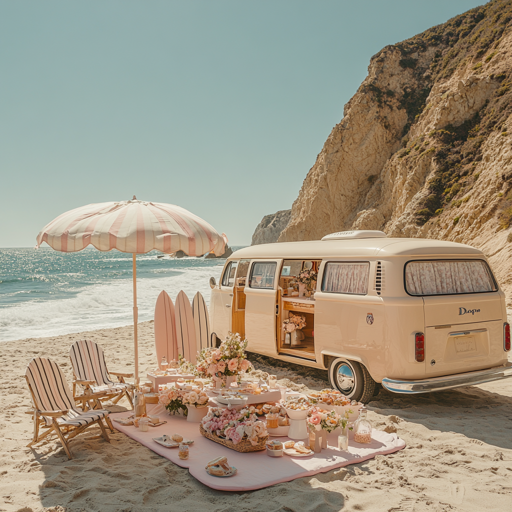 Picnic set with surfboard, van, umbrella, flowers, ocean view.