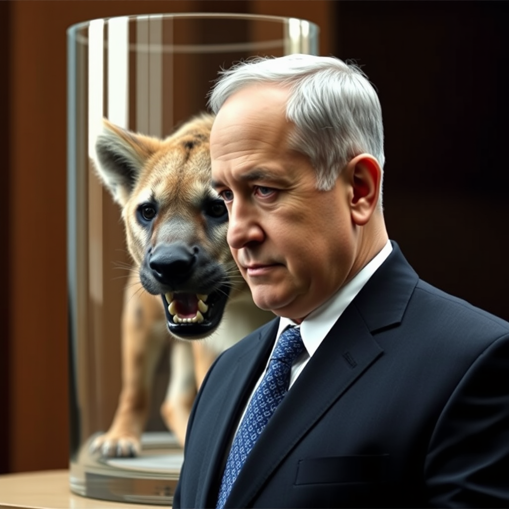 Picture of Netanyahu and hyena in glass.