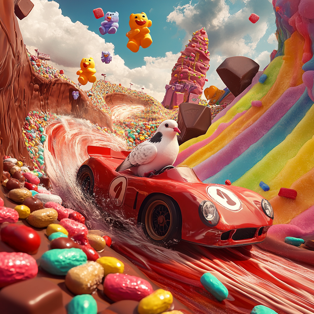 Pigeon drives on chocolate mountain with gummy bear dancers