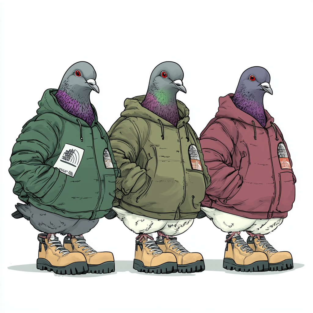 Pigeons in boots and jackets in a row