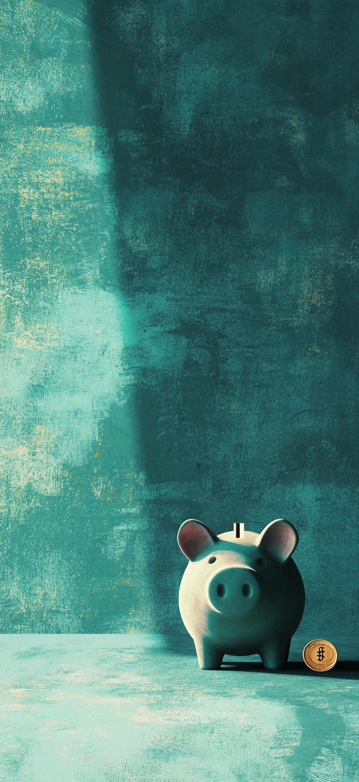 Piggy Bank with Coin on Teal Background