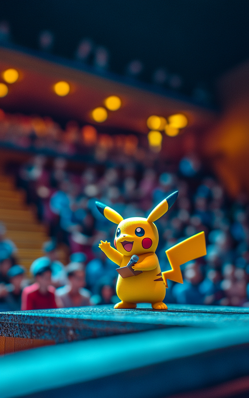 Pikachu giving a confident TED talk to auditorium audience.