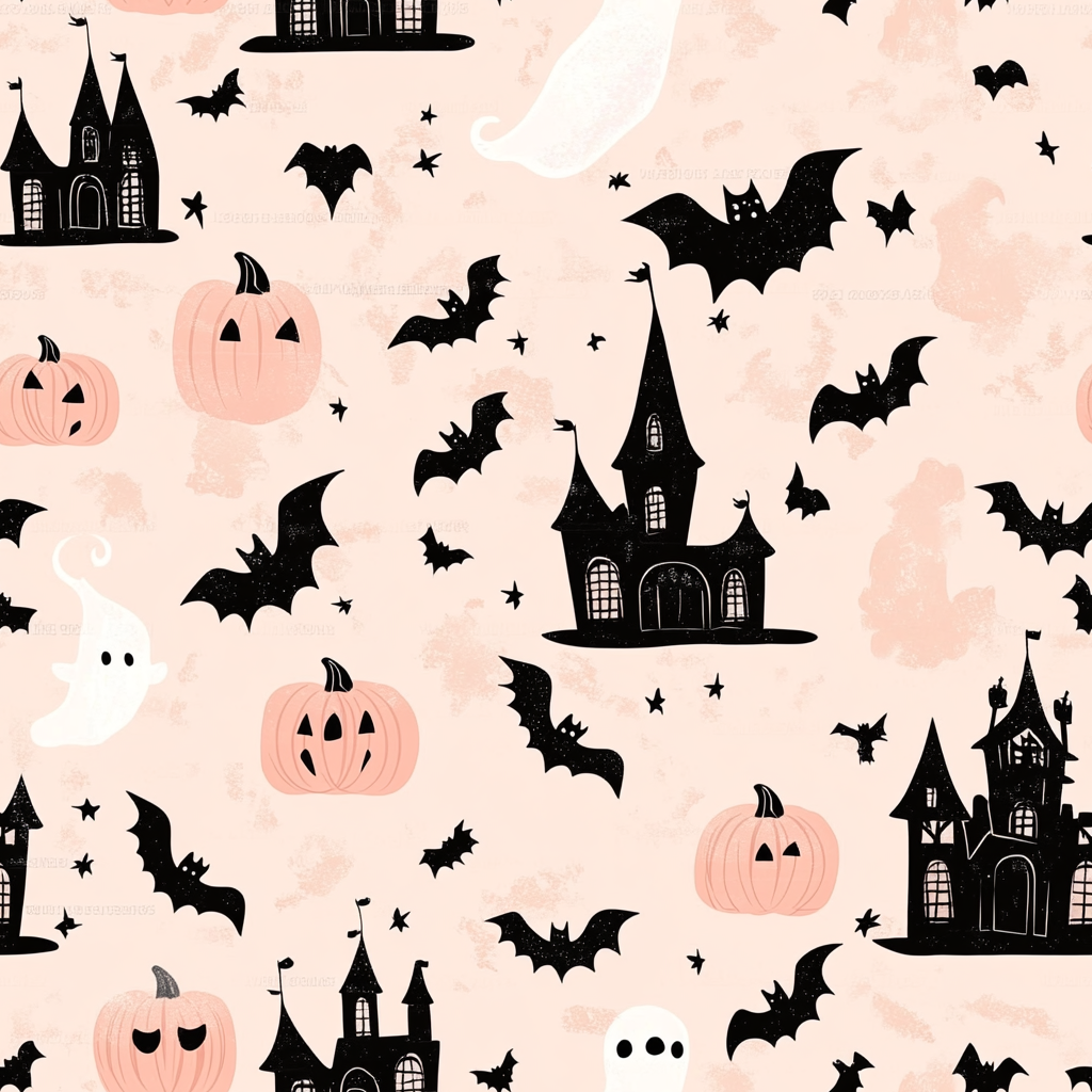 Pink Halloween Pattern with Bats, Pumpkins, and Ghosts