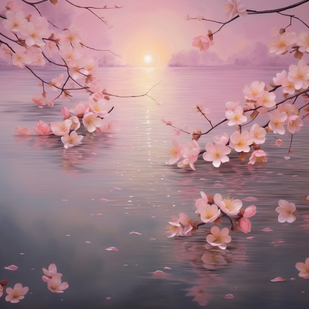 Pink Sakura Petals Falling Around Moonlit Waters