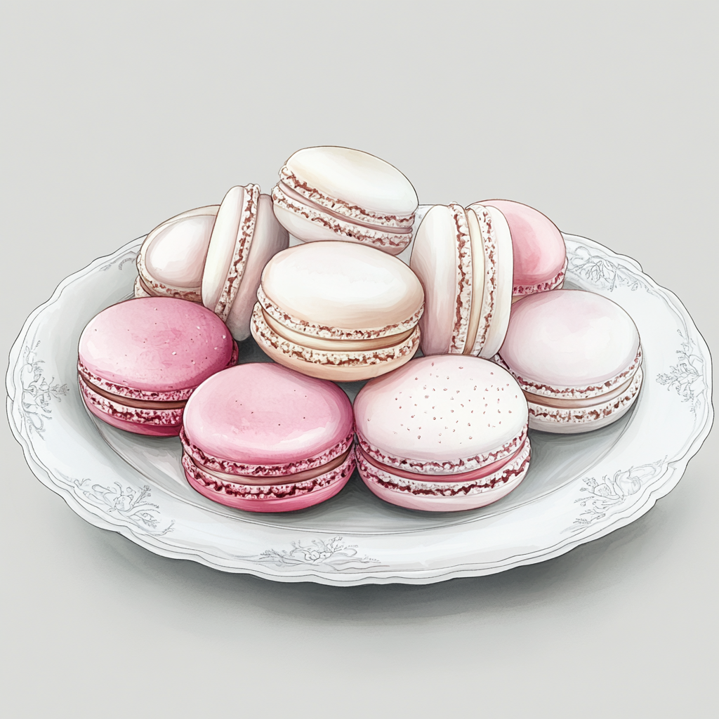 Pink and white macarons on porcelain plate