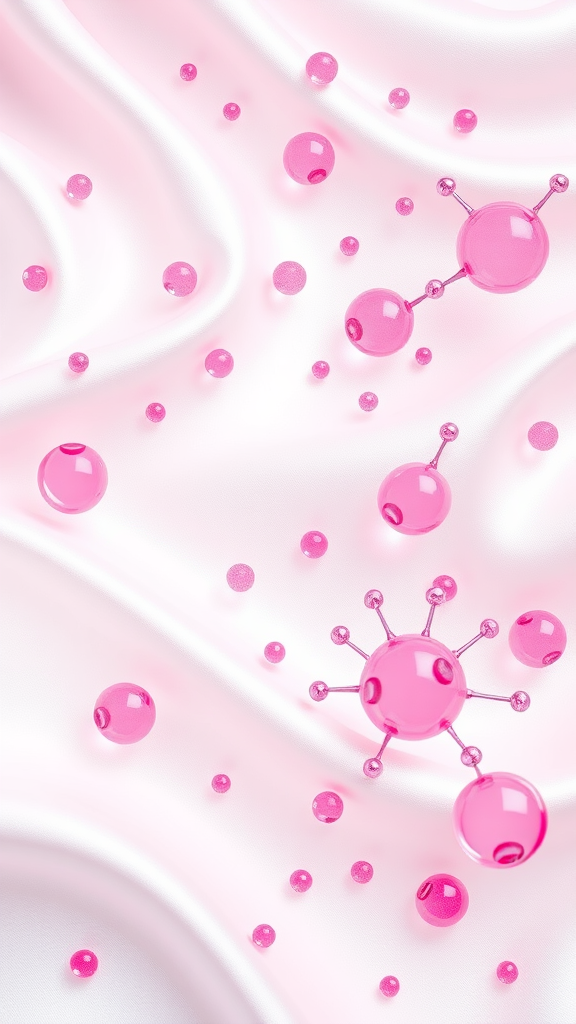 Pink chemical molecules floating on white satin.