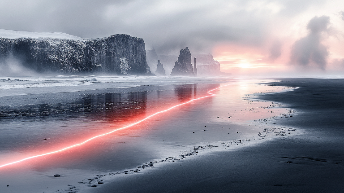 Pink neon river on black sand beach in Iceland