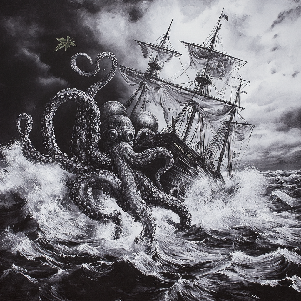 Pirate Ship Battles Octopus in Stormy Seas