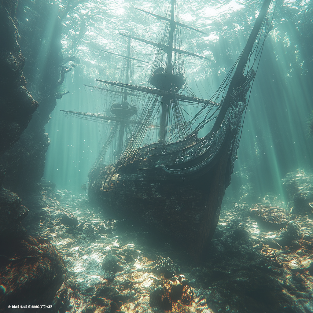 Pirate Shipwreck Under Ocean: Detailed, Cinematic Photography