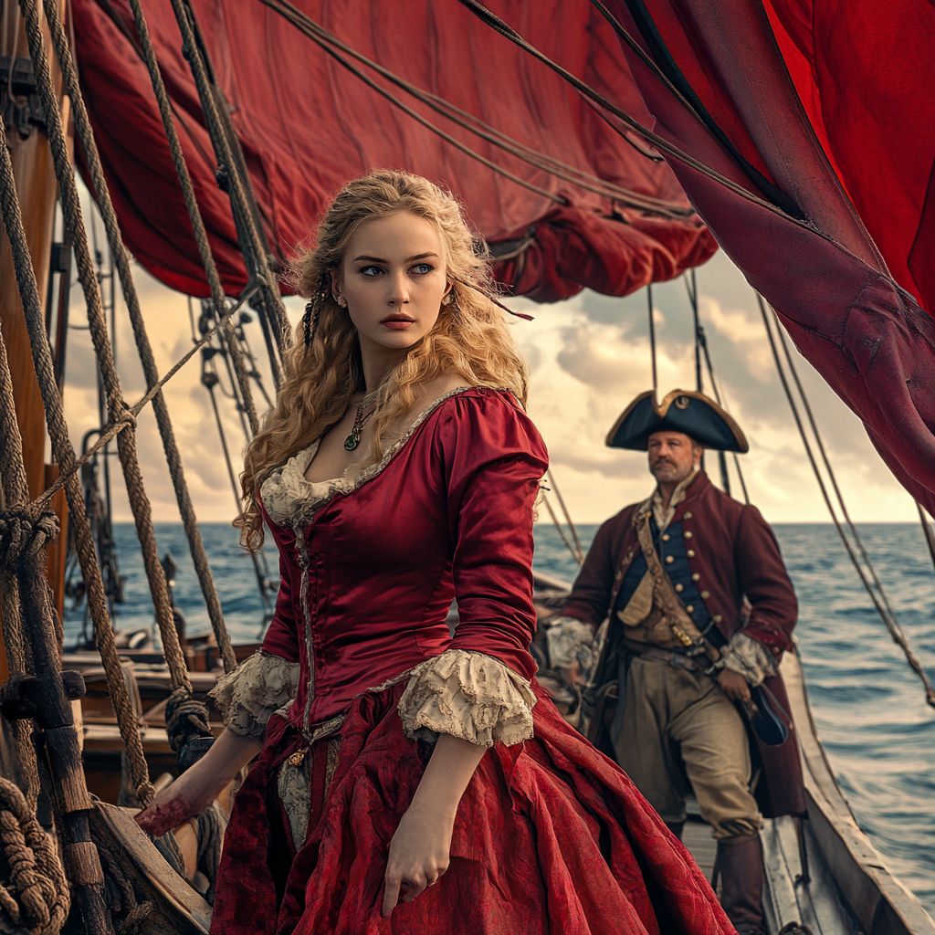 Pirate captain and stylish lady on sailing ship scene