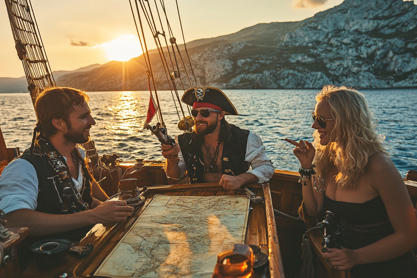 Pirate theme yacht charter with treasure hunt activity on Greek islands.