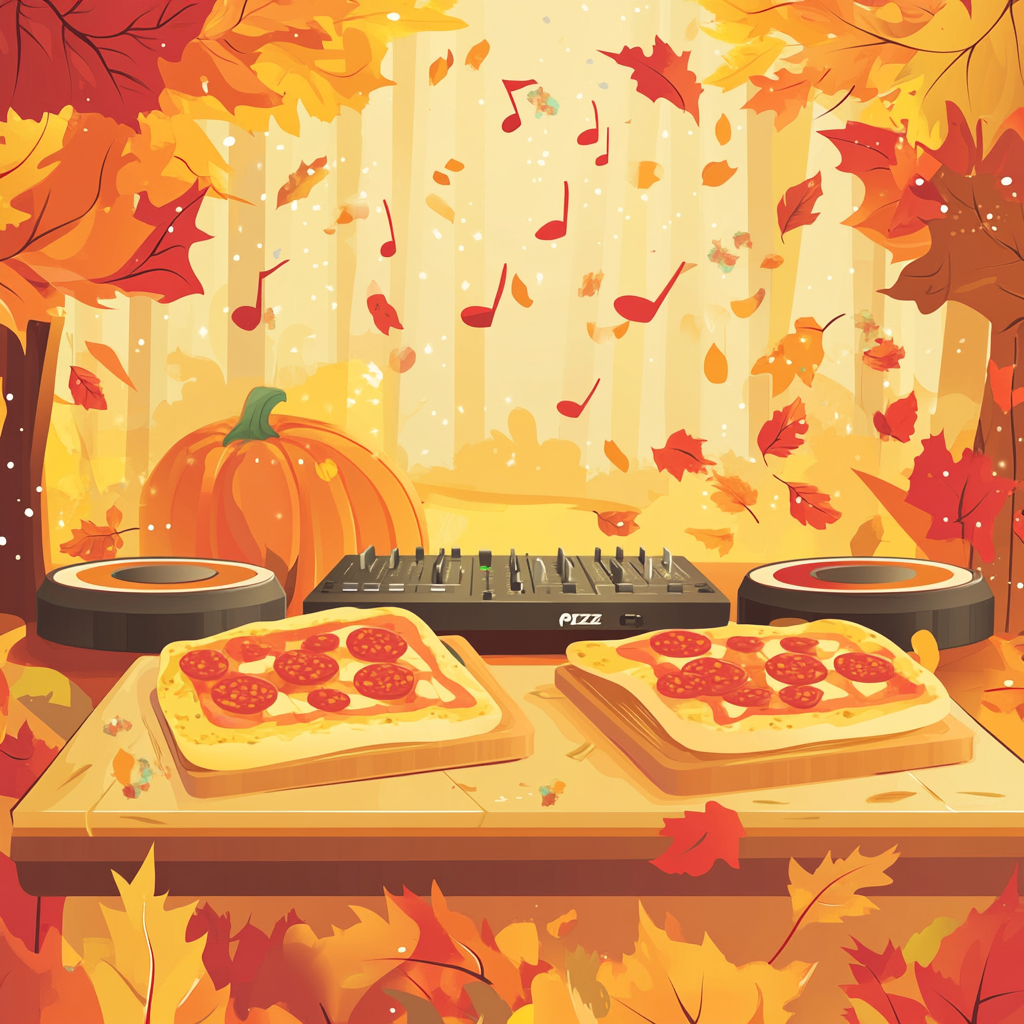 Pizza party in fall with DJ, pumpkins