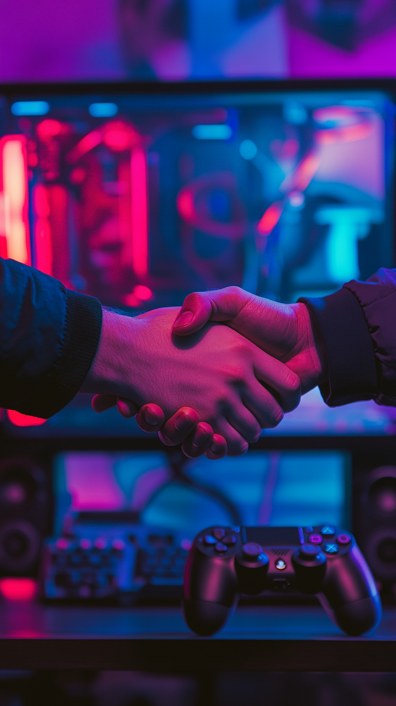 Players shake hands after game with colorful tech