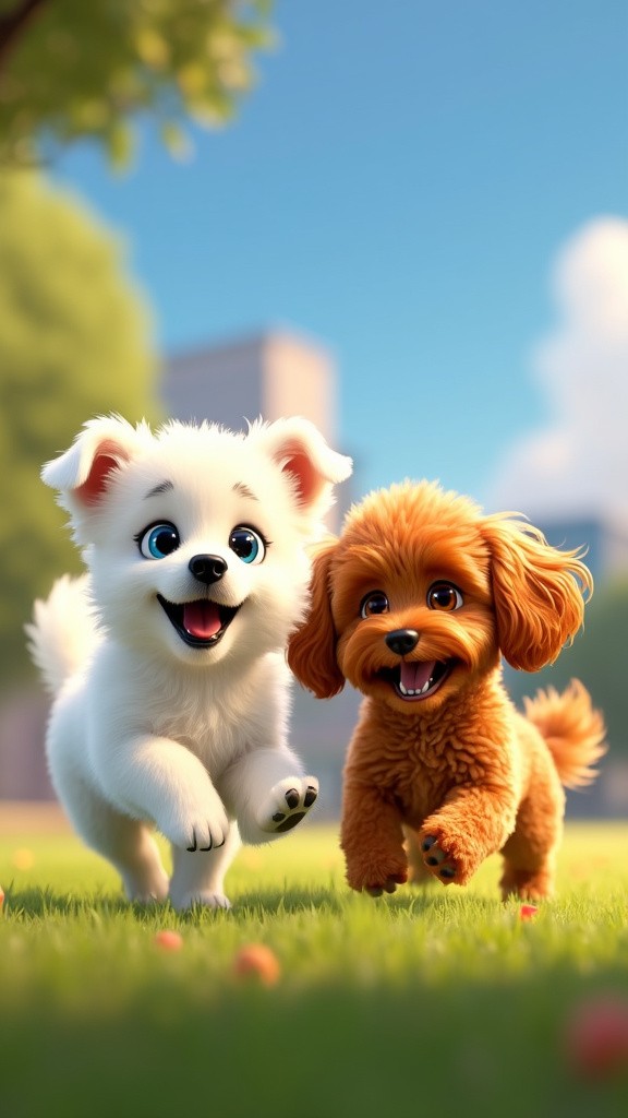 Playful American Eskimo and Cavapoo in Pixar Style