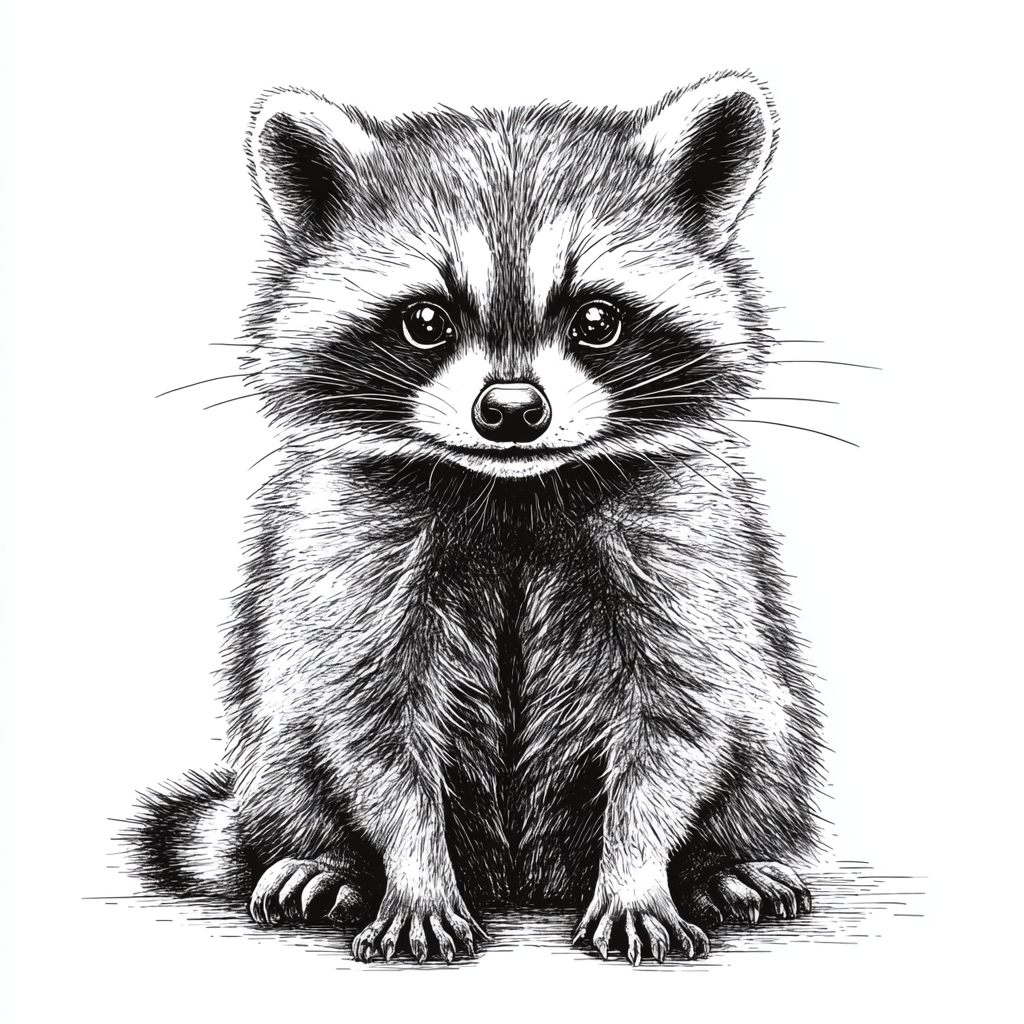 Playful raccoon in black and white line art