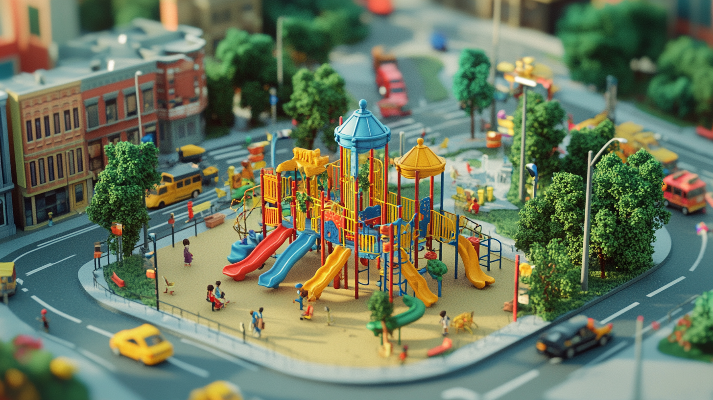 Playground in Busy City with Colorful Jungle Gym