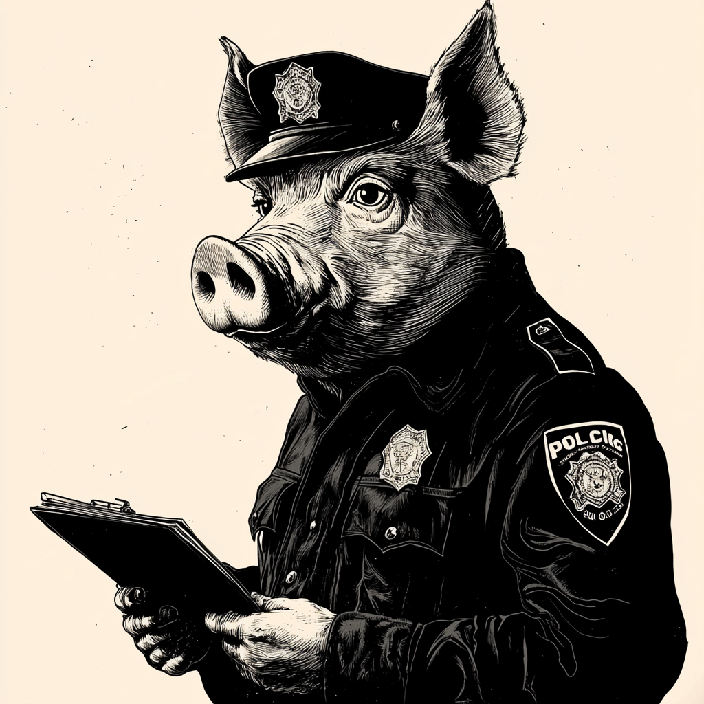 Police Officer with Pig's Snout Taking Notes