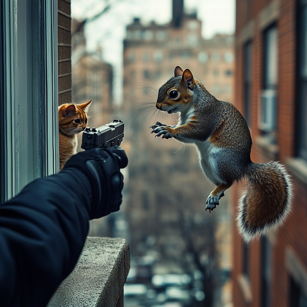 Police hold squirrel; cat watches from window.