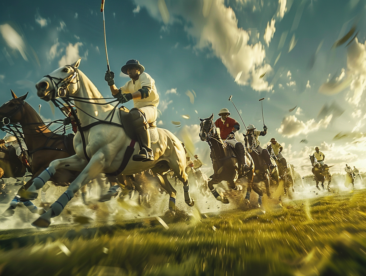 Polo Game Advertisement: Players Competing on Horseback