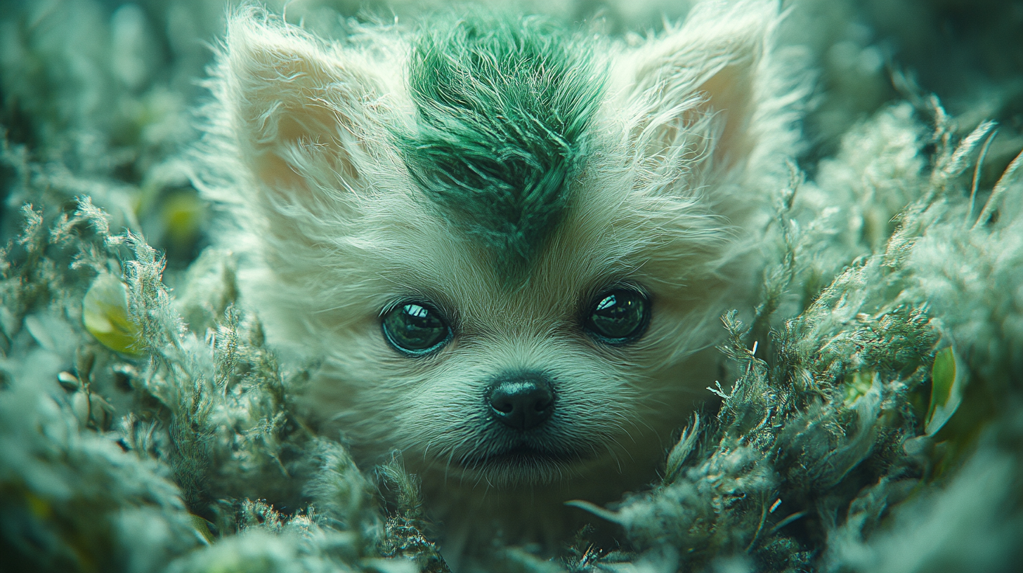 Pomeranian with a Green Mohawk in 3D.