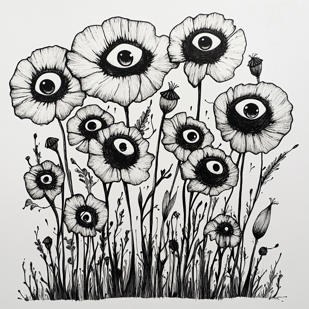 Poppy flowers with faces in Tim Burton style