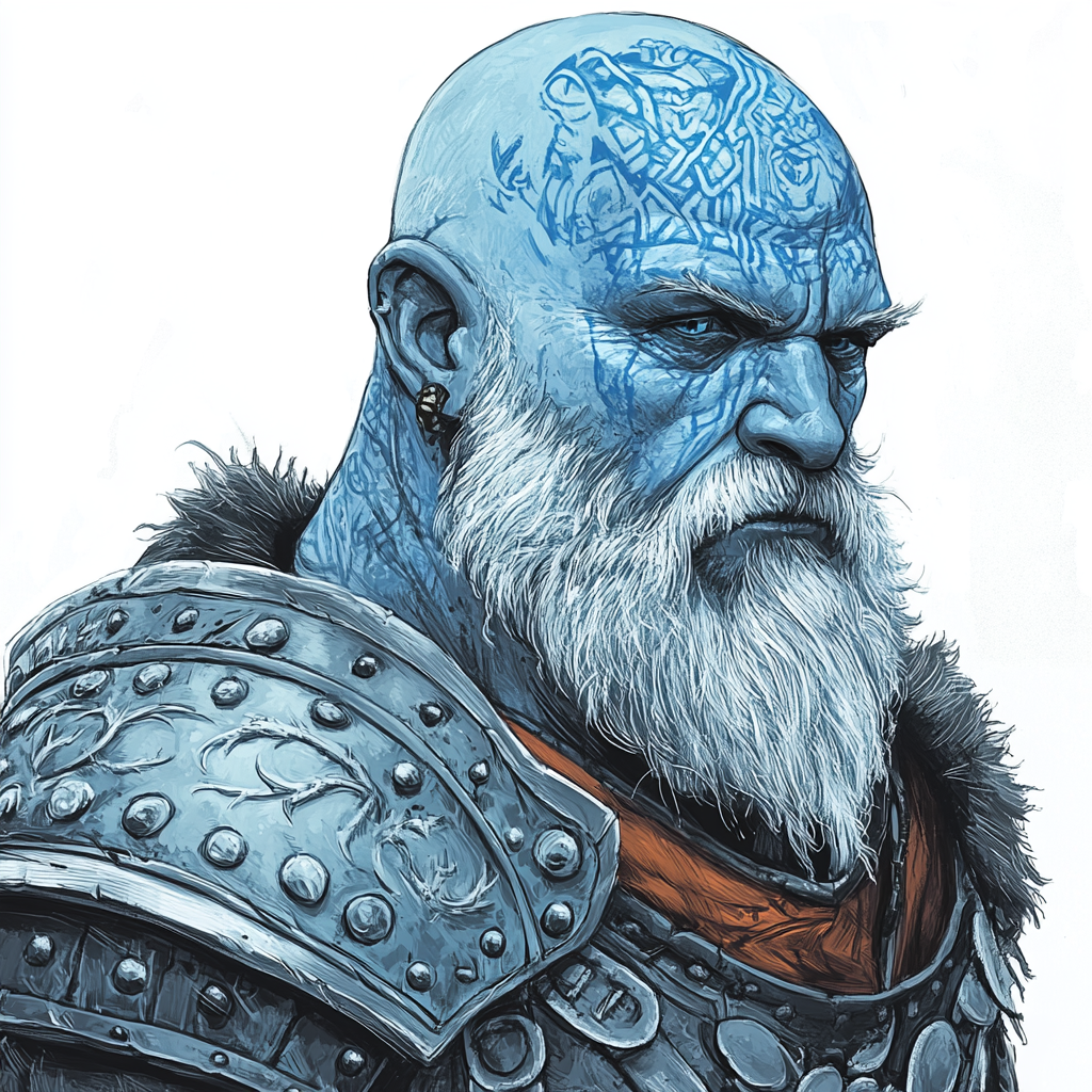 Portrait of Dwarf Bard with Blue Tattoos on Head