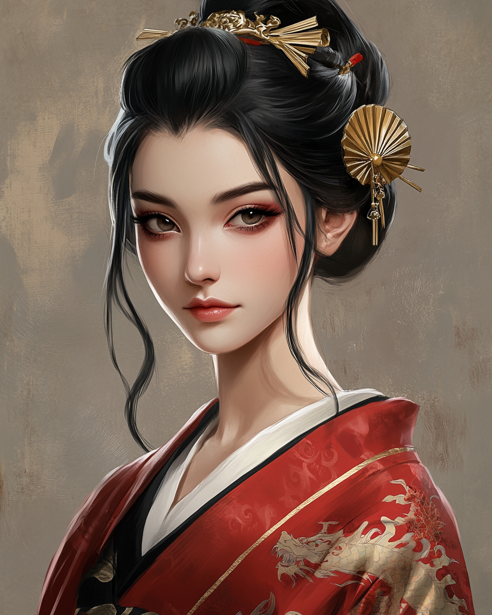 Portrait of Elegant Geisha Ming Li in Red Kimono