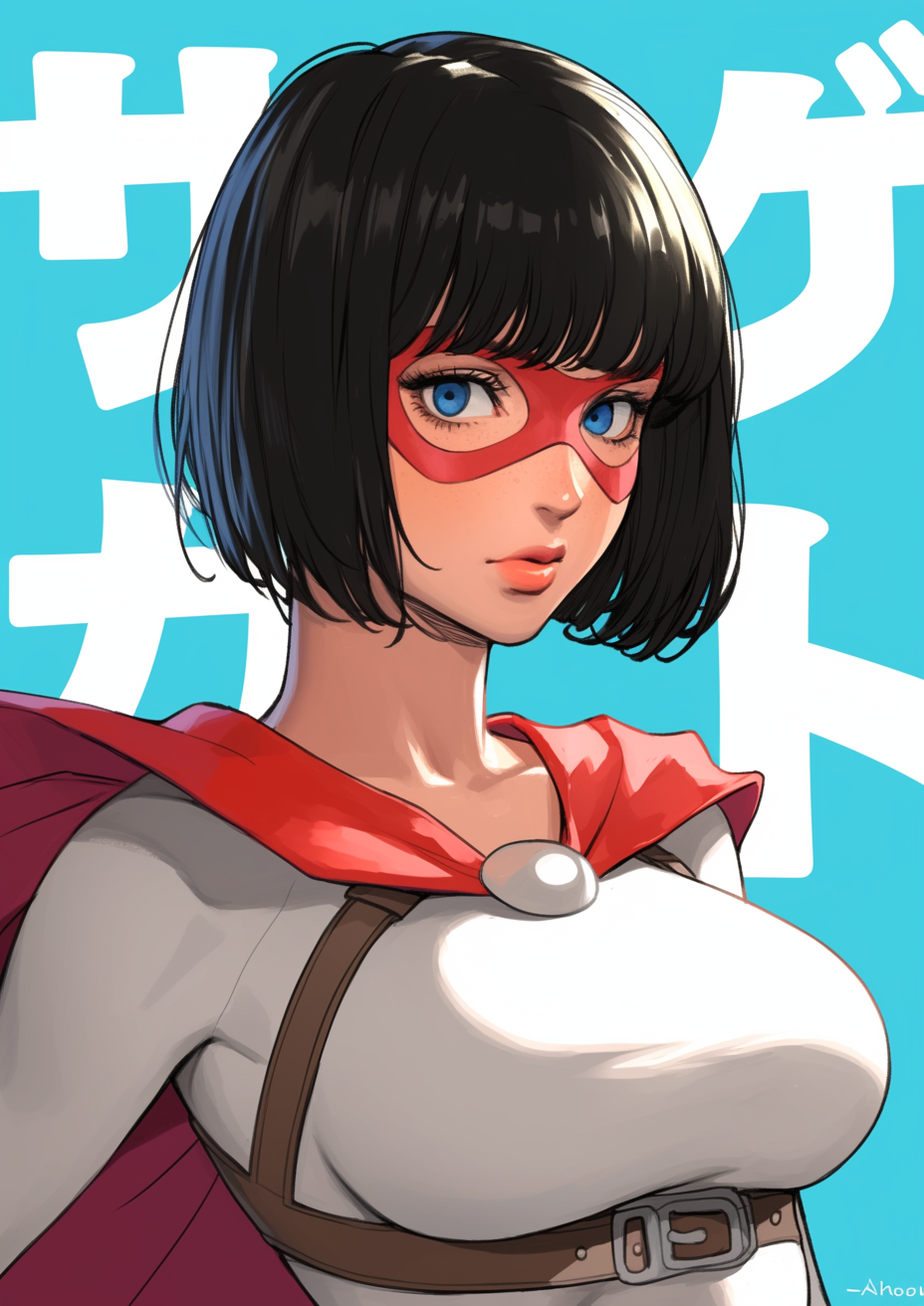 Portrait of Japanese superhero woman in cartoon art style