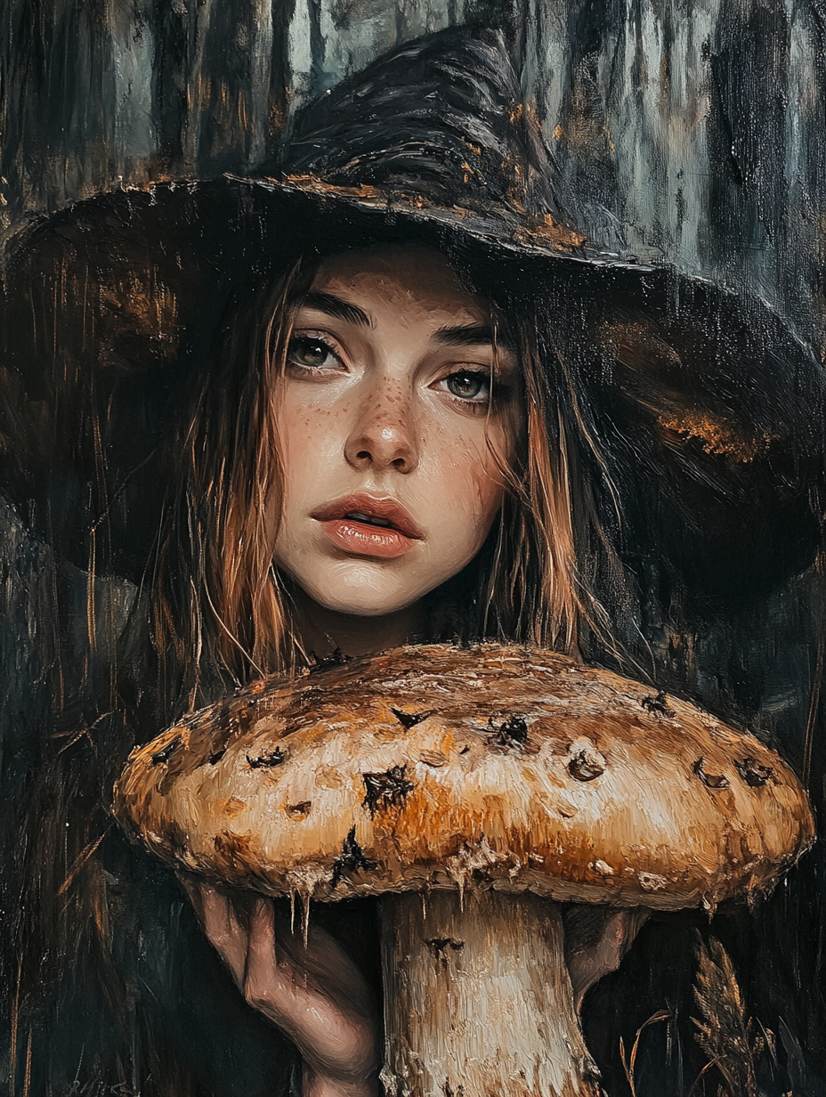 Portrait of Pretty Witch with Toadstool in Forest