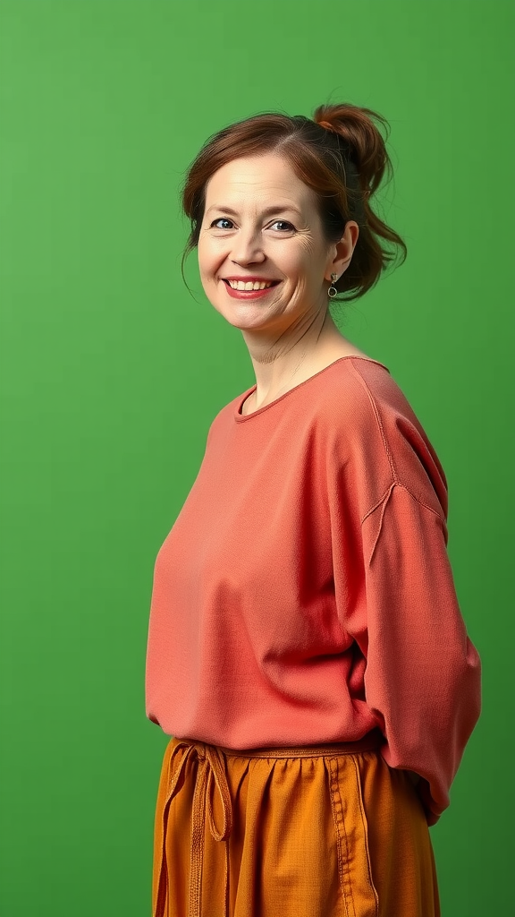 Portrait of smiling medium height woman in green background.