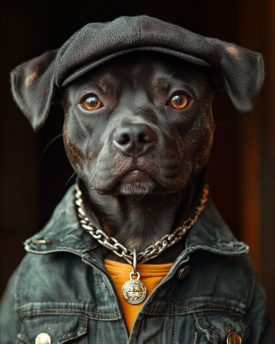 Portrait of stylish black dog in hip hop attire.