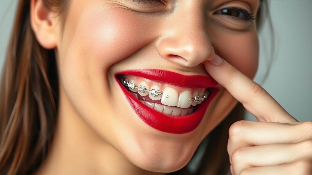 Portrait of woman proudly pointing to clear dental braces.