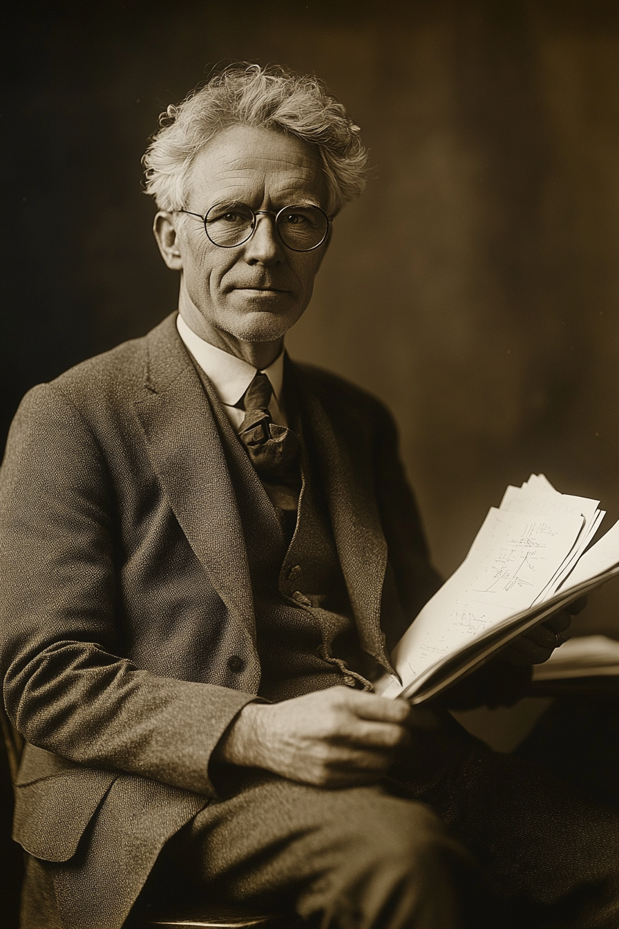 Portrait of young German scientist with papers.