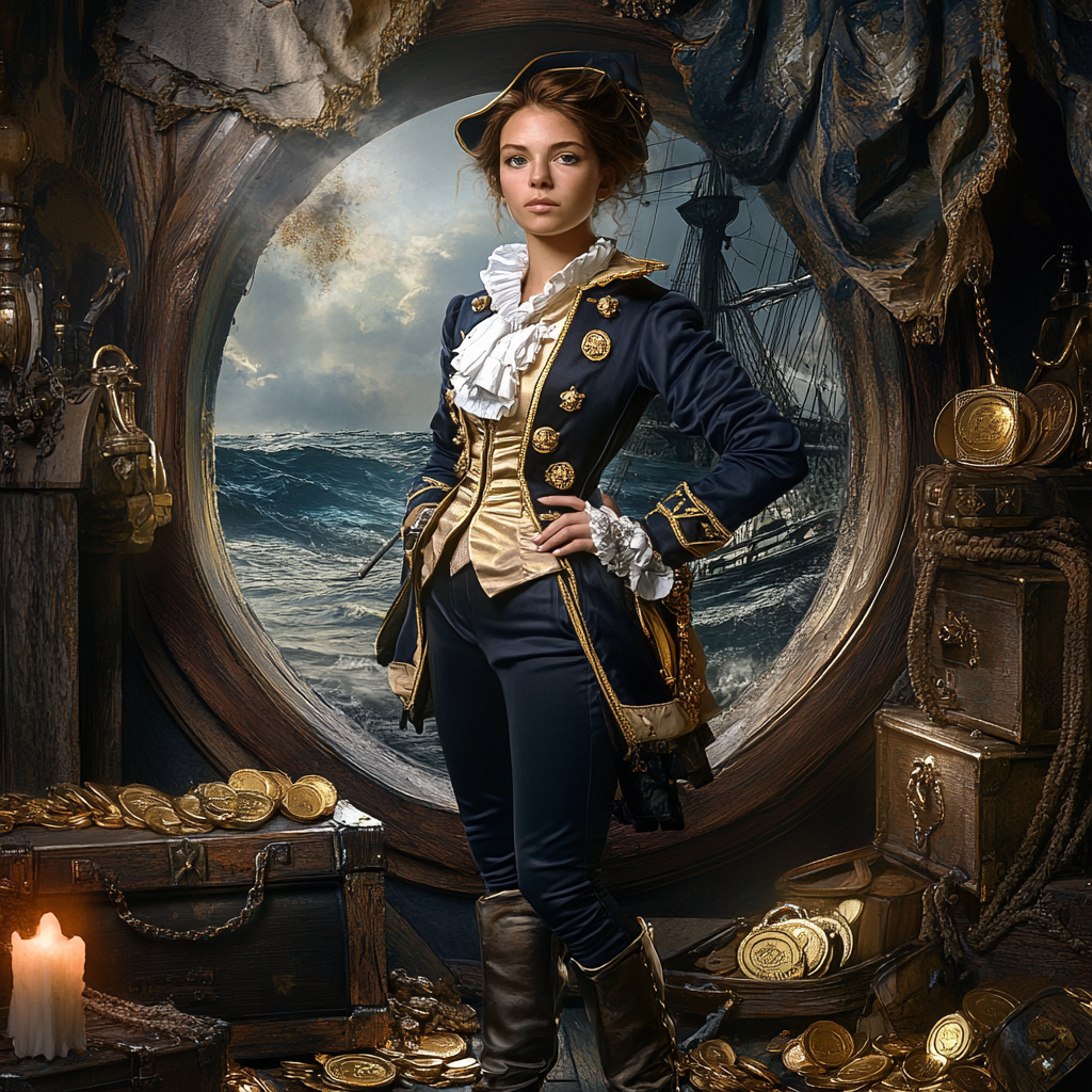 Portrait of young female naval officer in 18th-century style