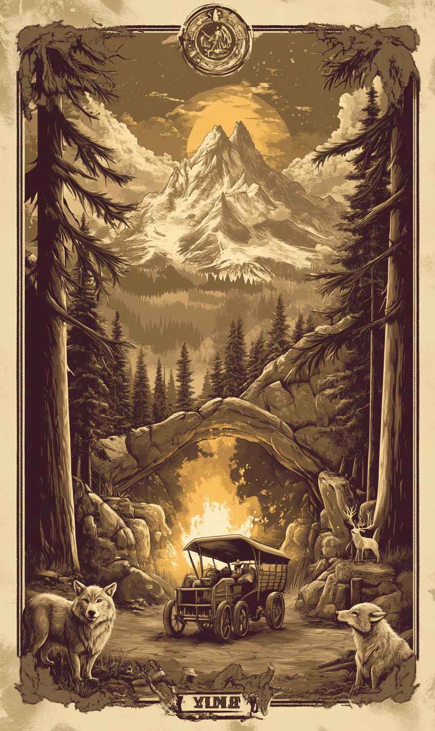 Poster: Mining company with Yggdrass, mountain, campfire, animals.