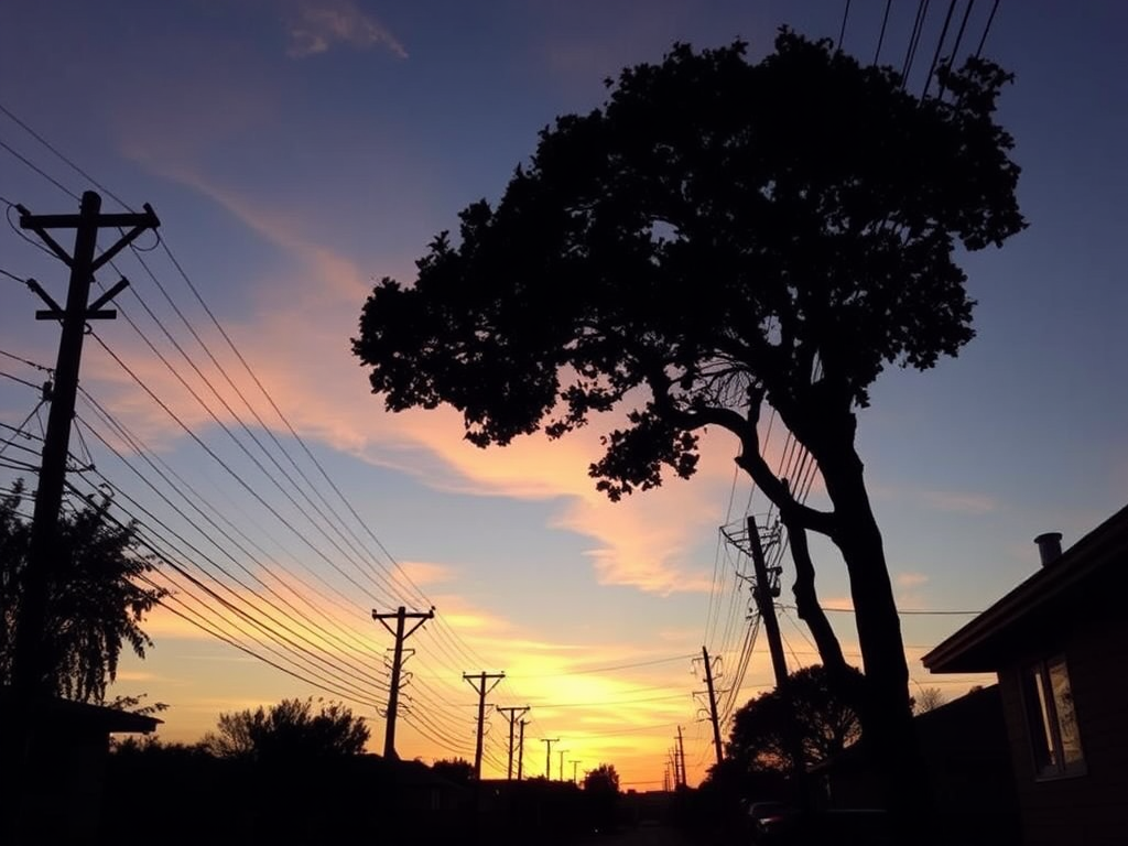 Power lines cross sky above house at sunset.