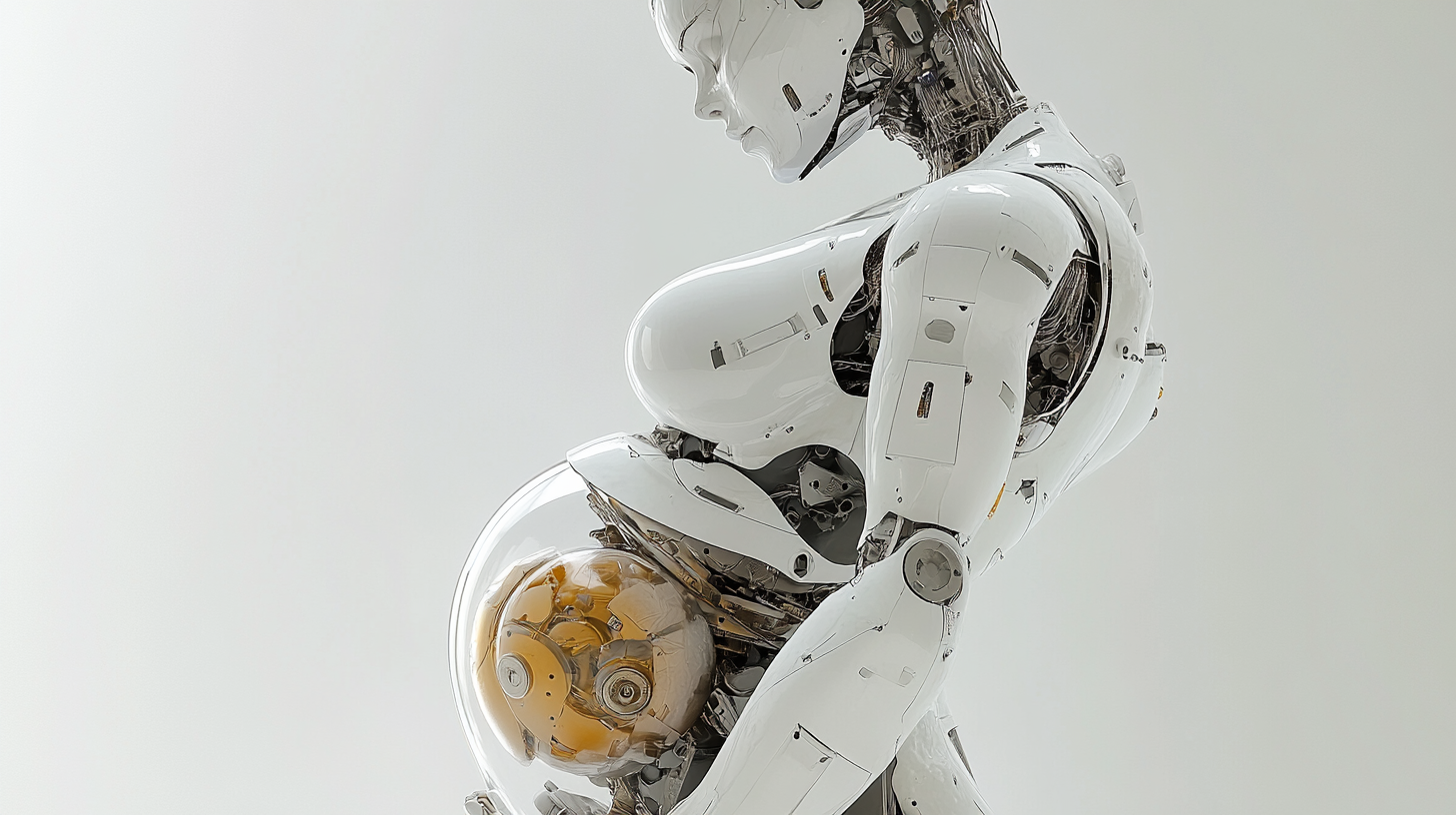 Pregnant robot lady with transparent belly, detailed mechanisms