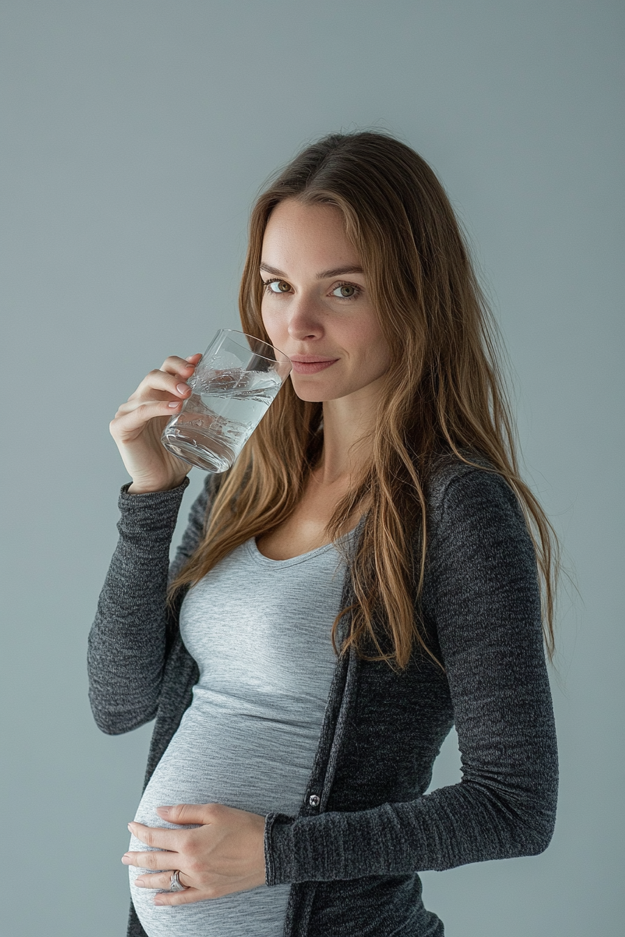 Pregnant woman posing for refreshing drink ad