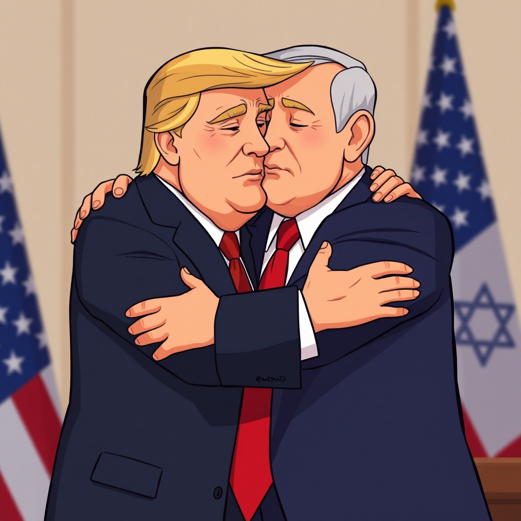 President Trump hugs Netanyahu in animated image.